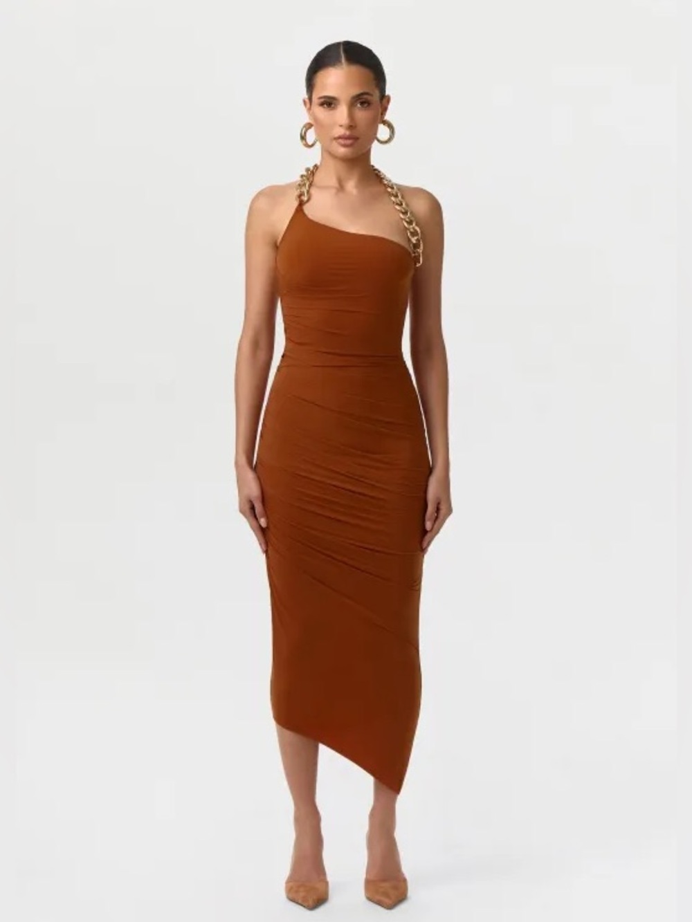 Naked Wardrobe Chain Detail Asymmetric Body-Con Halter Dress Caramel